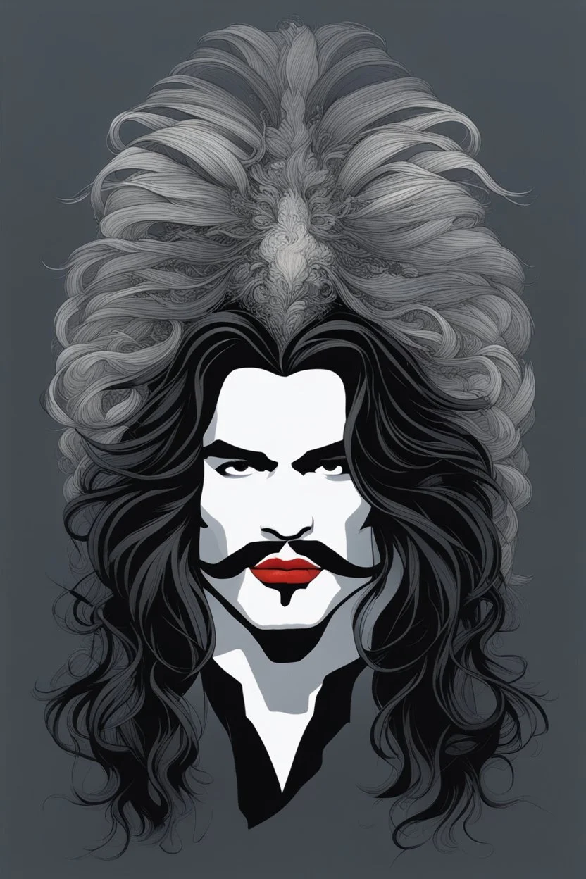 30-year-old George Criscuola (Drummer) with shoulder length, wavy, straight black and gray hair, with his face made up to look like a cat's face, red lipstick - in the art style of Boris Vallejo, Frank Frazetta, Julie bell, Caravaggio, Rembrandt, Michelangelo, Picasso, Gilbert Stuart, Gerald Brom, Thomas Kinkade, Neal Adams, Jim Lee, Sanjulian, Thomas Kinkade, Jim Lee, Alex Ross,