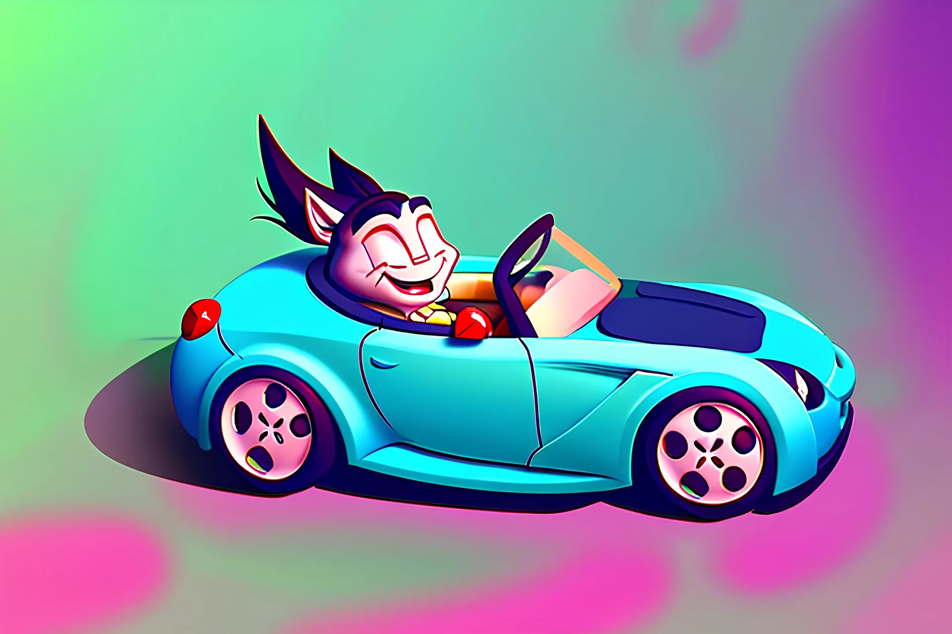 whimsical cartoony sports car with a small mascot character driving it, celshaded comic style