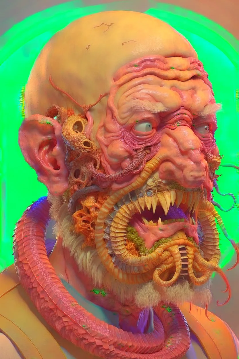 Anatomy interiors worm man face, pulp, photorealistic, very low contrasts, very soft colors