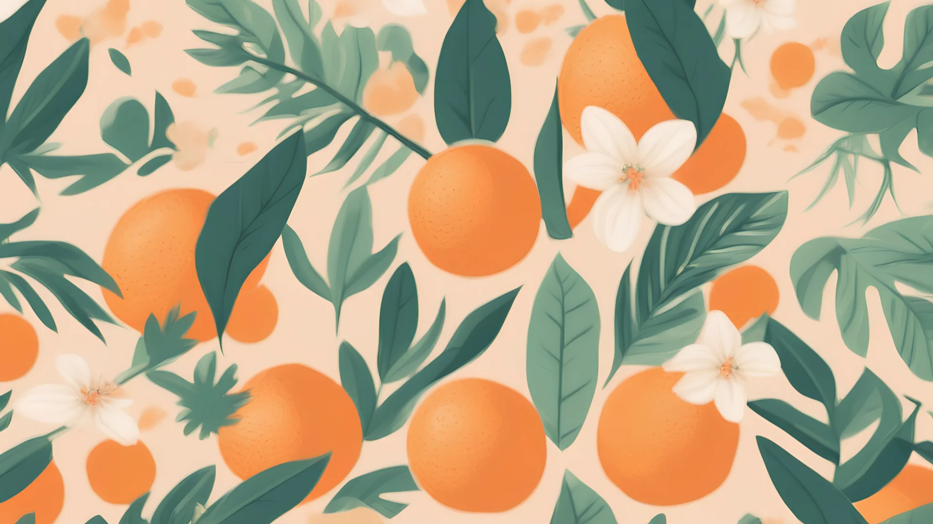 a pattern with oranges, leaves, and flowers, an abstract tropical landscape, tropical background, botanical background, poster composition, tropic plants and flowers, tropical mood, poster illustration, lush garden leaves and flowers, stylized background, flat illustration, digital illustration poster, artwork, abstract nature landscape, middle close up composition, poster background, colorful tropical plants, in style of digital illustration