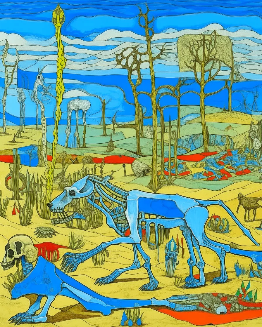 A greenish blue wasteland with animal bones designed in Indian Gond art painted by Piet Mondrian