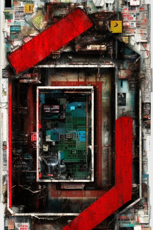 Ultra detailed medium portrait painting of "no exit sign" torn up collage of clippings, broken circuitry background, matrix effects, punk visual art, punk art aesthetic, graffiti art, pop surrealism, collage art, cluttered paint glitches