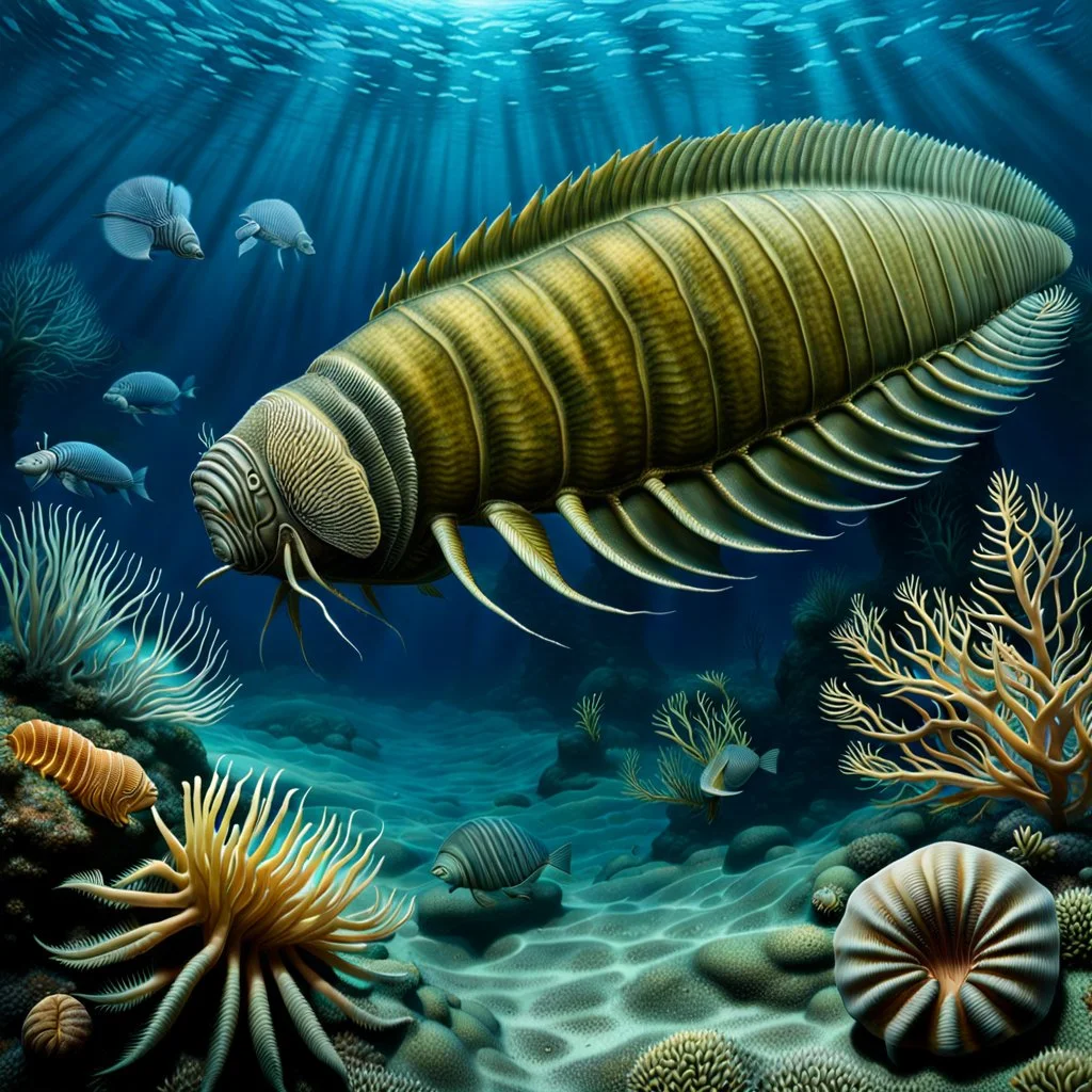 During the Cambrian era, around 541 million years ago, vast shallow seas dominated the landscape. Strange marine life, such as trilobites and early arthropods, flourished in these ancient waters, creating a diverse and unique ecosystem.