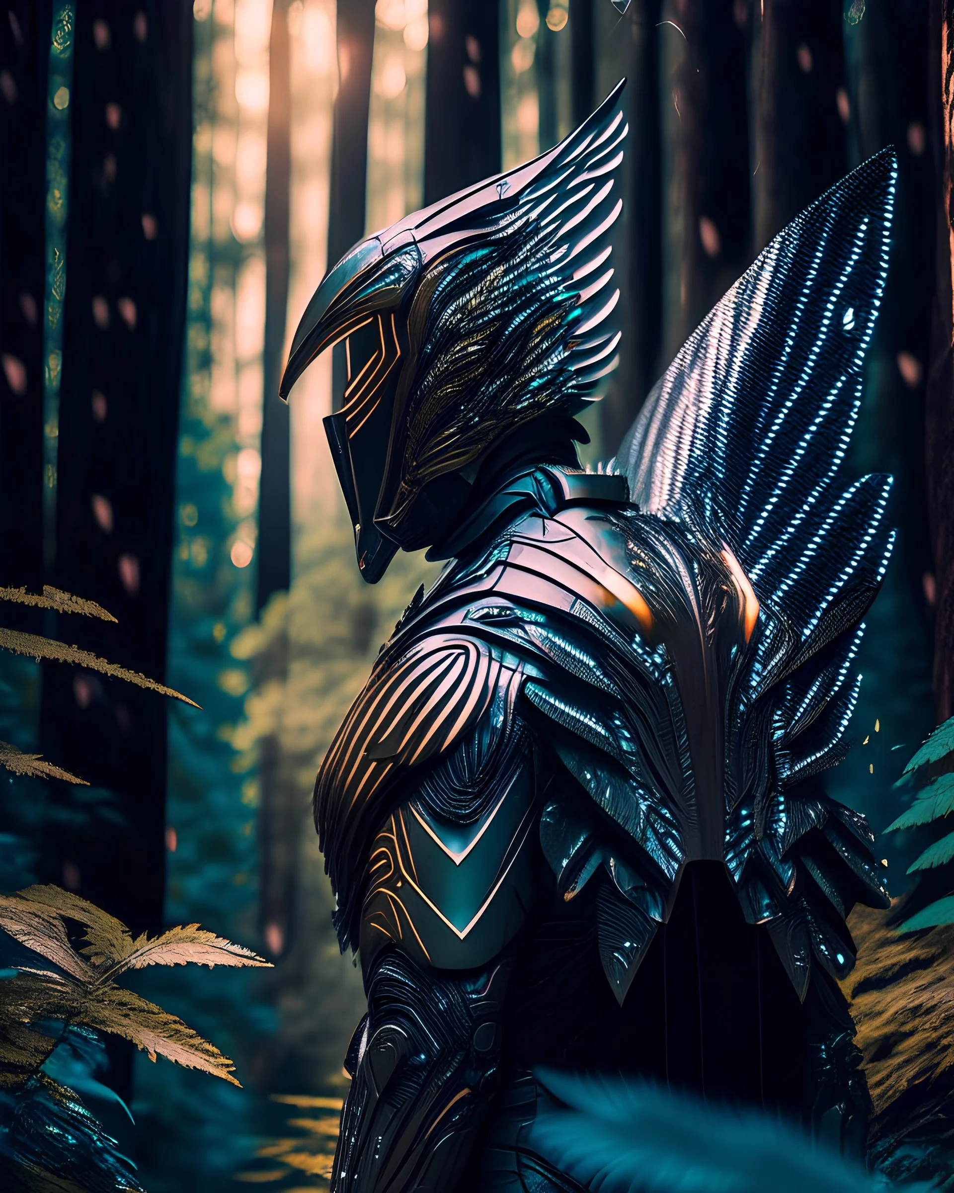 Winged man in the woods futuristic suit hyper-detailed art r8k