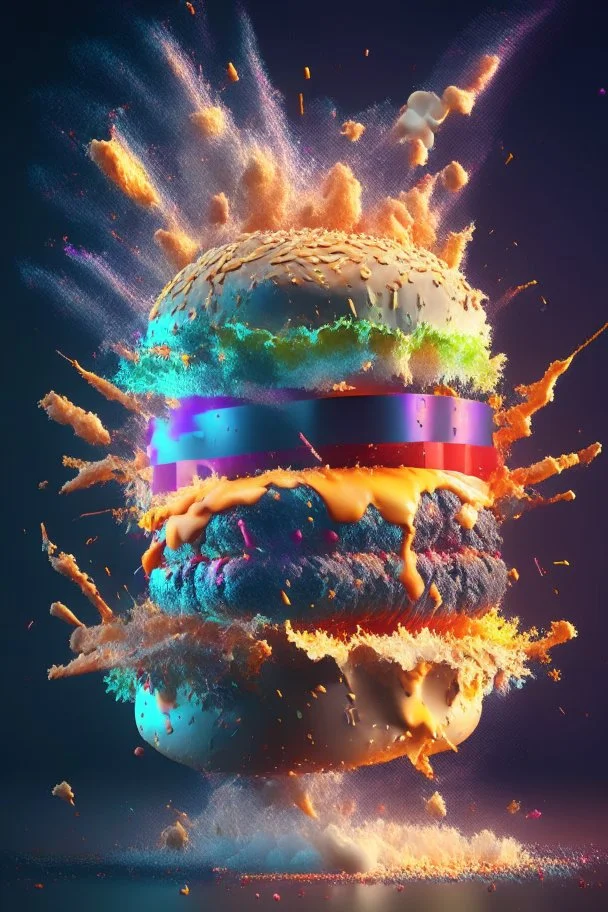 a single coloured burger exploding into dust, extremely detailed dust particle details, natural colours, meticulously intricate perfectly symmetrical extremely detailed, pixiv daily ranking, pixiv, extreme depth of field, artstation, sculpture style, spectacular details, volumetric lighting, masterpiece, cinematic, Hollywood production, 8k resolution, high definition, max octane render, vivid colors, max resolution, unreal engine , max perfectionism, realistic composition, professional photograp