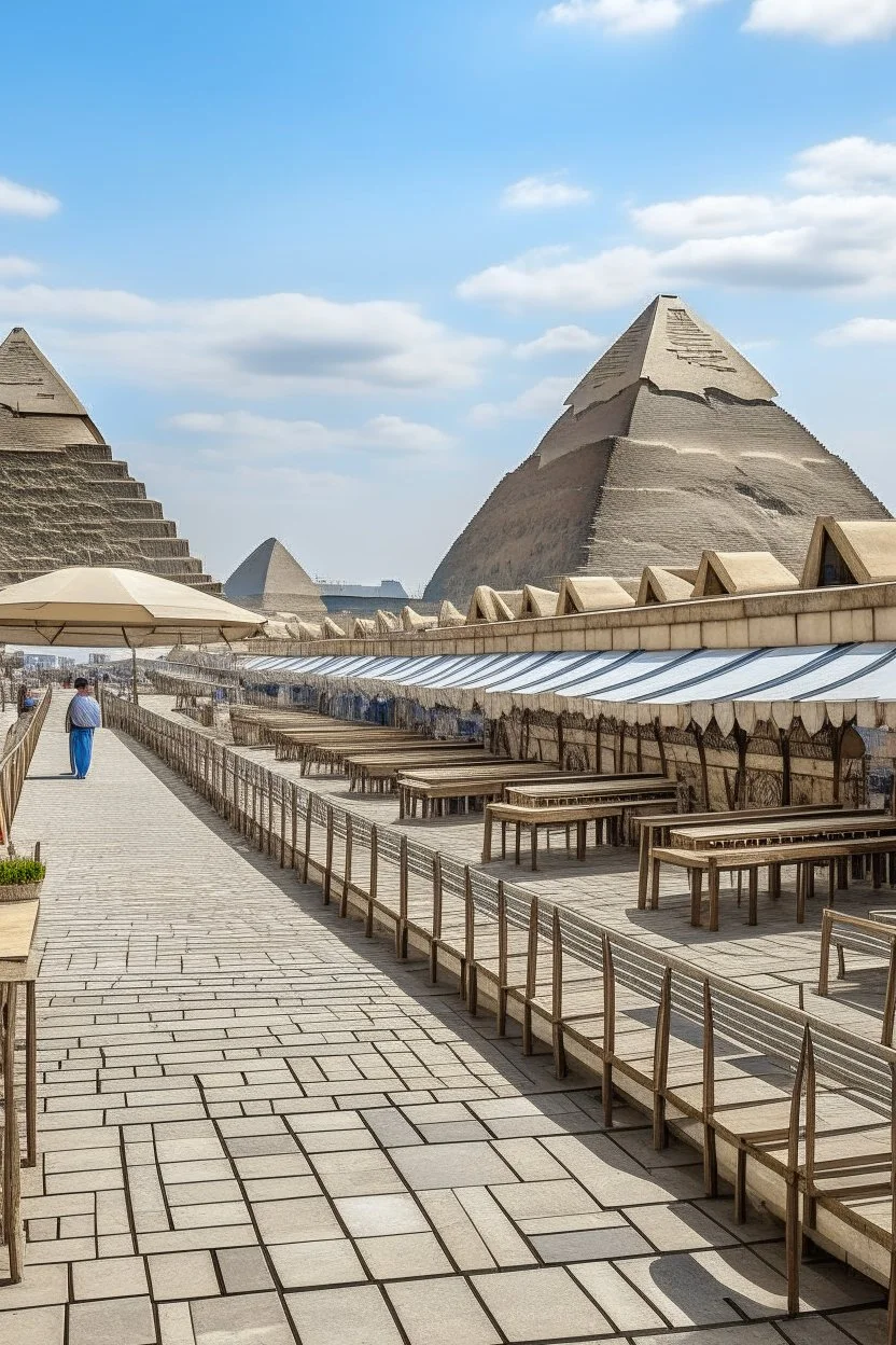 A tourist walkway in Egypt overlooking the pyramids and has seating places, and shops on both sides