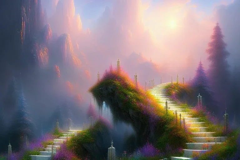 Impressionism , mystical long steep stairway up to heaven in the sky, atmospheric mist, beautiful colours, fine art, trending on artstation, masterpiece