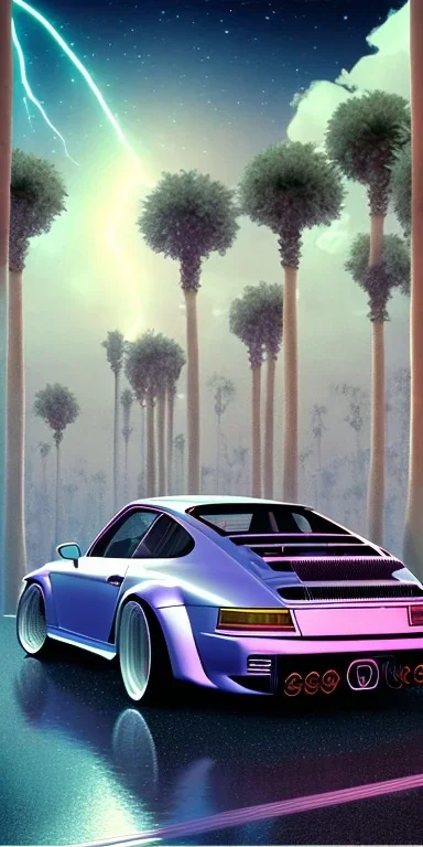 1980's aesthetic vaporwave palm trees and spheres and Porsche with lightning