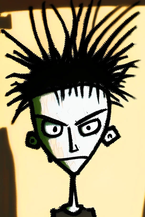 Portrait of 2d drawing of a stickman, cool with punk hair, x eyes like in hangman, slight smile, 3d realistic in colour