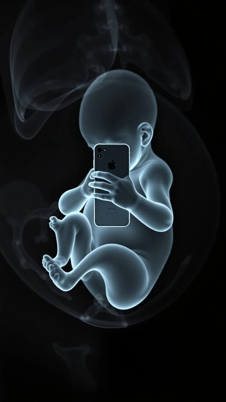 An X ray picture of a unborn baby inside his mother’s belly, holding and staring in an iPhone