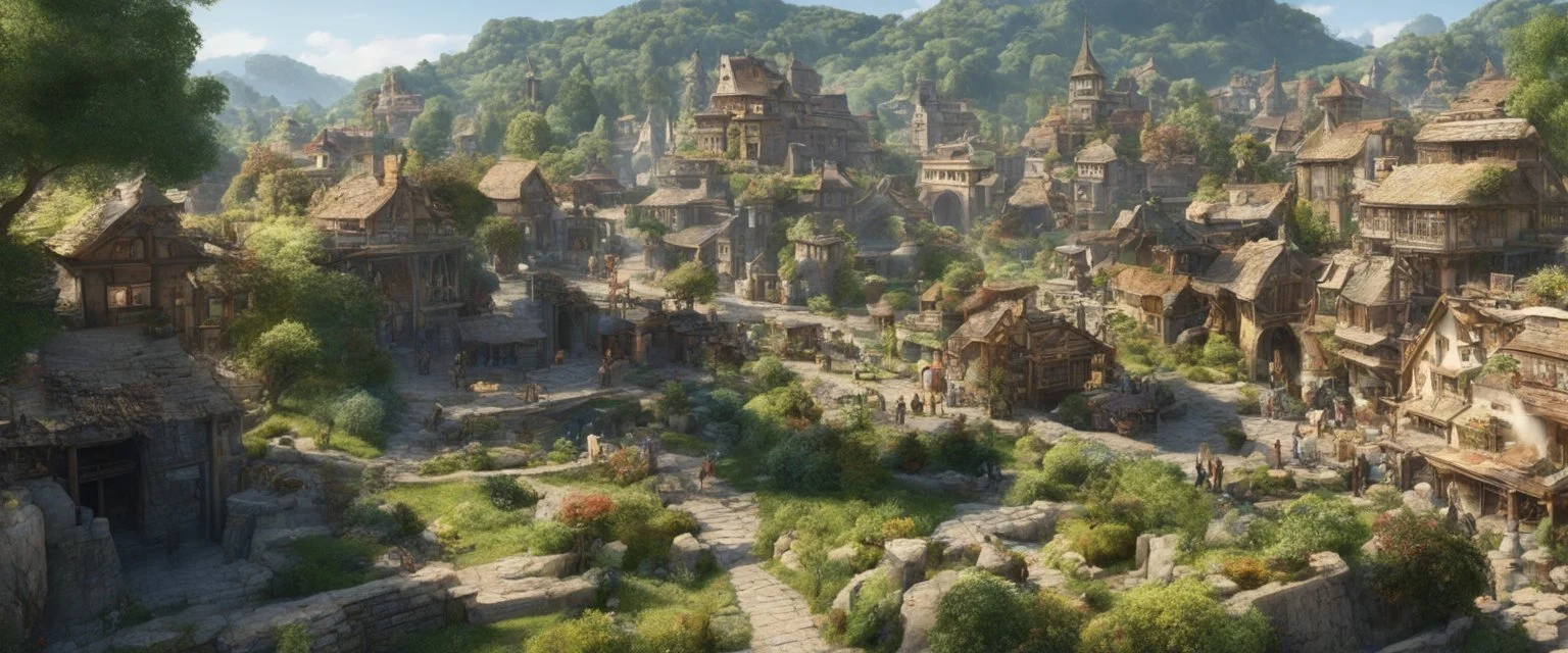 A busy market in a beautiful surreal sunny countryside scene with distant hills, many conjoining intricate characterful dwellings & a clock-house (designed by Esher & Dali), pathways & walkways & stairways & bridges & waterfalls & a waterwheel : ultra high detail, photorealistic, epic cinematic, 8K, Large depth of field