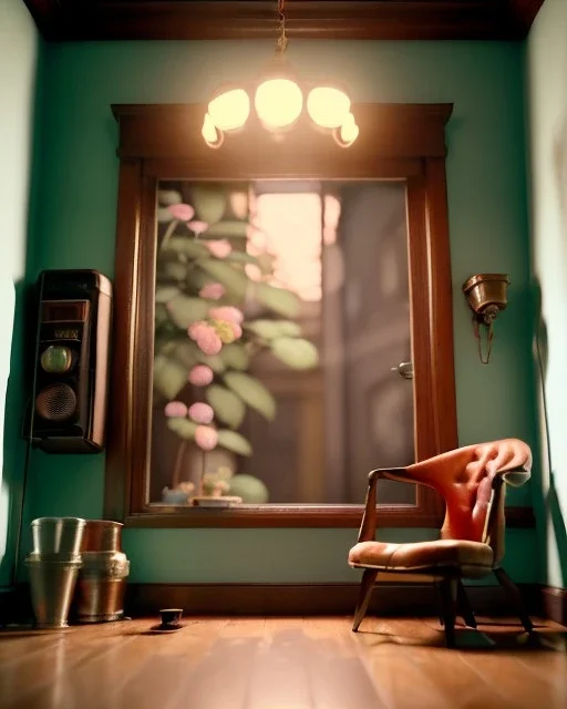 Room scene with retro hair monster, Wes Anderson style, realistic photo, concept art, smooth, unreal engine 5, god lights, ray tracing, RTX, lumen lighting, ultra detail, volumetric lighting, 3d.