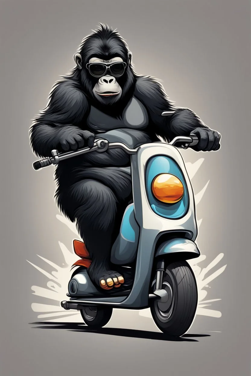 Gorrila riding on a scooter going fast, with sunglasses cartoonize, logo