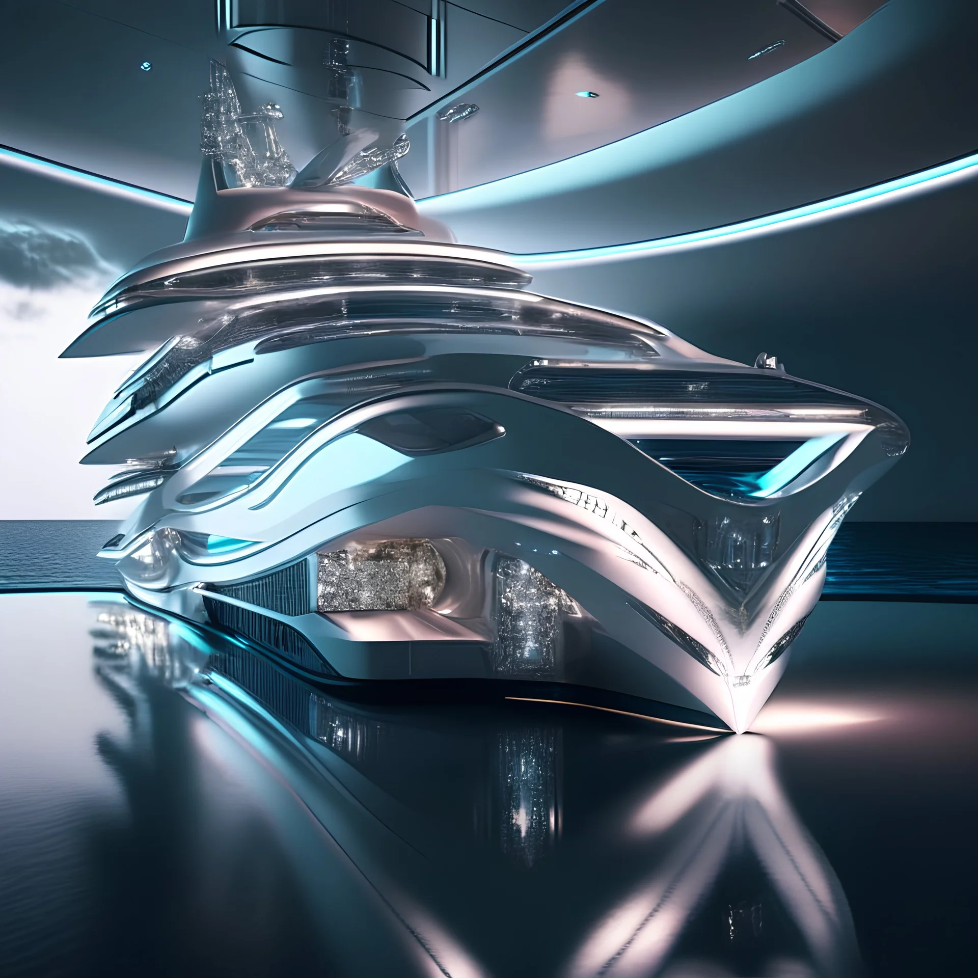 Futuristic cozy superyacht silver design, diamond-framed impressive, movie lighting, high resolution, 8K