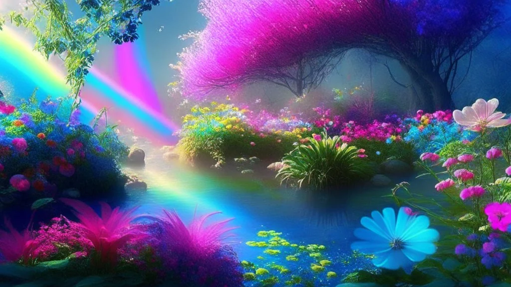 verybeautiful-magical-garden-of-the-angelic-kingdom-blue-and-pink-plants-and-trees-small-river-sunshine-flowers-haze-thumb-rainbow-ufo-bright-colors-light flowers