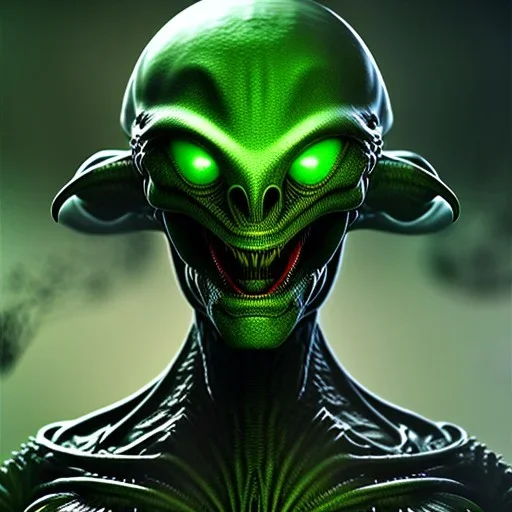 green alien, head, evil, black eyes, weapons, blood, 8k, finely detailed, photo realistic, HR Giger style