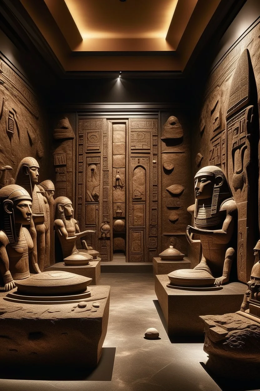 A brown outer space with magnetic asteroids designed in ancient Egyptian architectures and sculptures