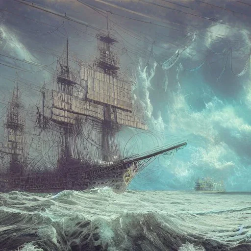 Insanely detailed photograph of an “artitcture plans of a large steamship on ocean ” with intricate lights, intricate embroidered band, hyperdetailed painting by Ismail Inceoglu Huang Guangjian and Dan Witz CGSociety ZBrush Central fantasy art album cover art,8K, hdr, romantic, mysterious, ominous, flowers, jewelry, steam,oil,cafe,street vendor,steamship,D&D