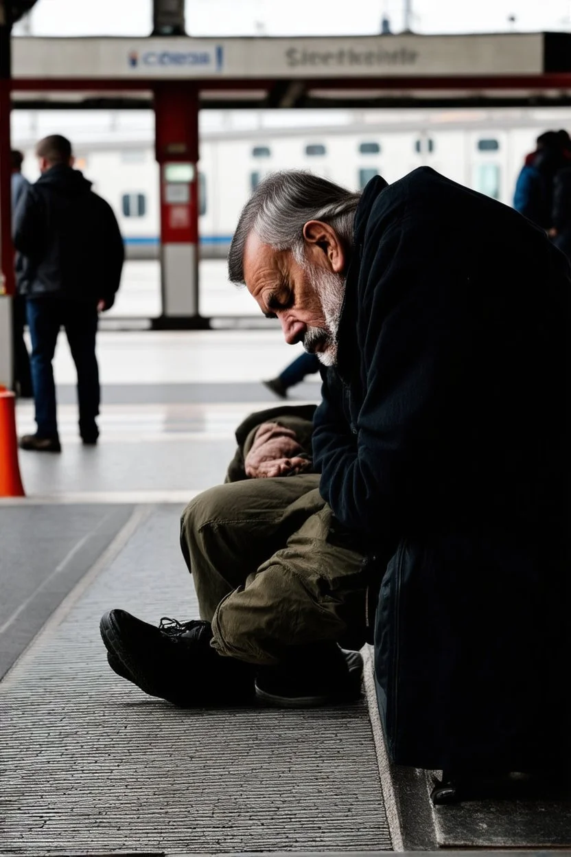 obdachloser alter mann am hauptbahnhof in linz schlafend