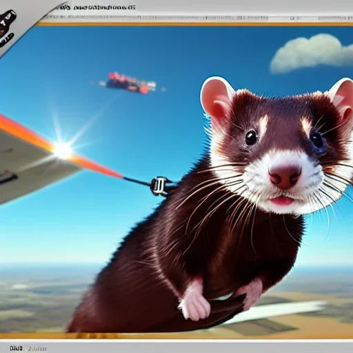 detailed matte painting of a ferret wearing a jumpsuit with parachute harness jumping out of a plane, skydive, sunlit sky, intricate, ultra-fine detailed, 8k, high-quality, 3d, realistic, midjourney style