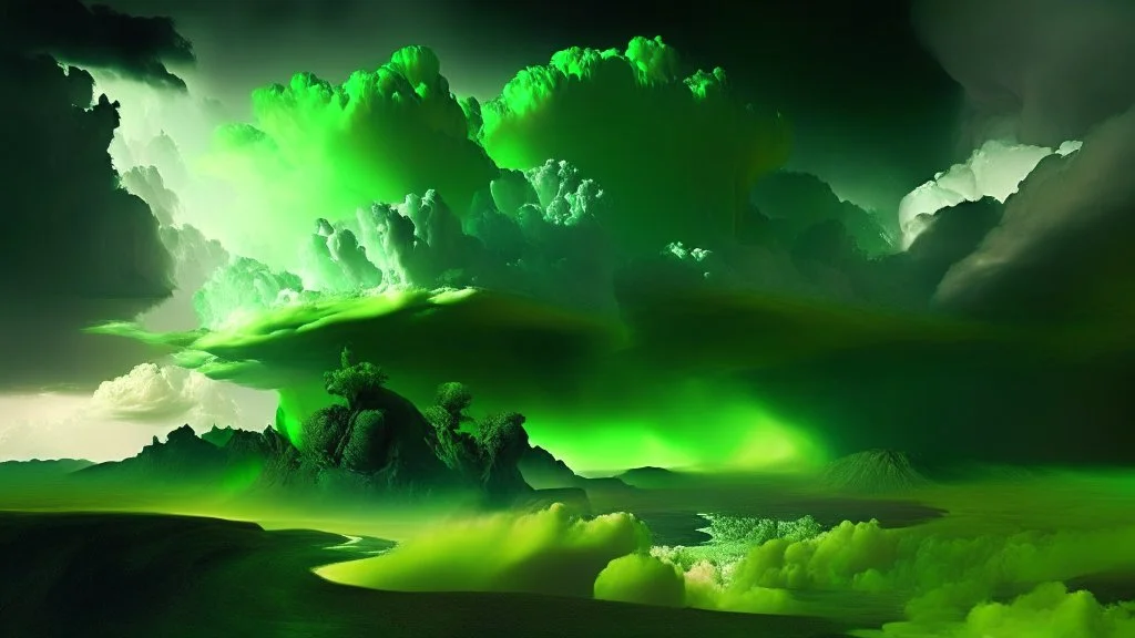 Phantasy landscape with dramatic cloud in peridot color