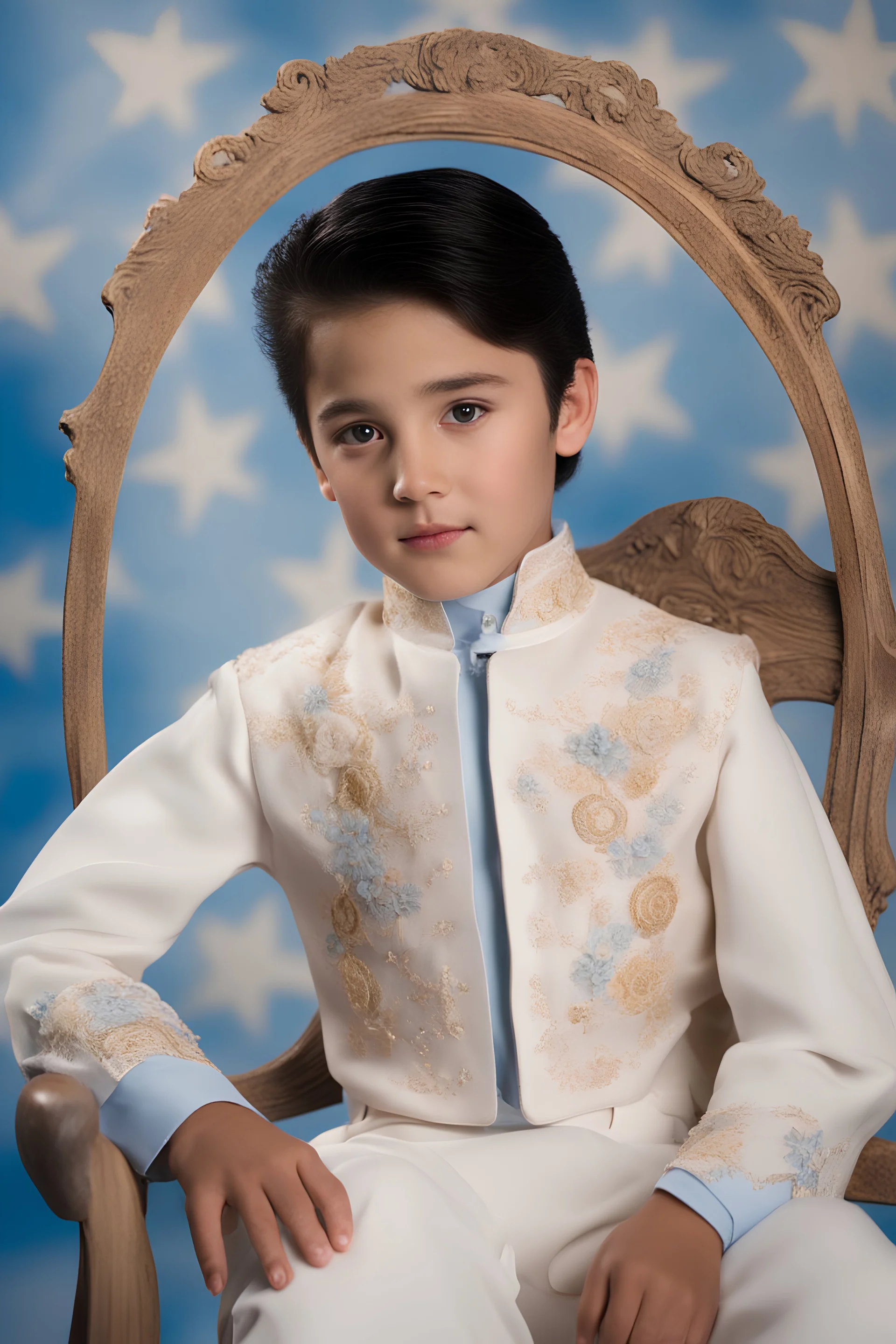 10-year-old Elvis Presley, with black hair and sideburns, is posing for his school picture in a white jumpsuit with a high collar and embroidery designs - Sparkling, Sky blue Background, professional quality studio 8x10 UHD Digital photograph by Scott Kendall - multicolored spotlight, Photorealistic, realistic stock photo, Professional quality Photograph. colored Fog