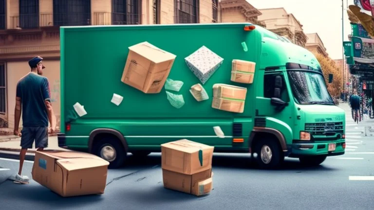 Throwing packages out of a postal truck on the street while selling a bike off the back of the truck