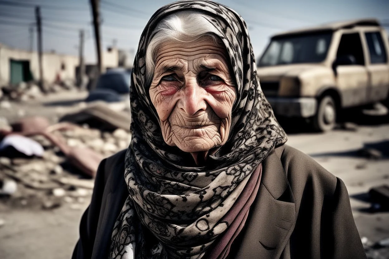 Leica environmental portrait of elderly woman in Gaza, on a street bombed by the Israeli army