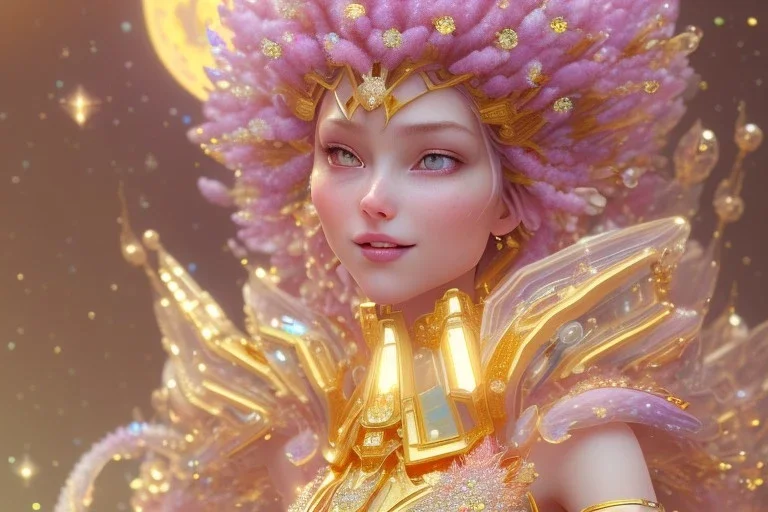 very beautiful crystal and gold goddess in a galactic ambiance, nice smiling, transparent petals, delicate colors, full of details, smooth, bright sunshine，soft light atmosphere, light effect，vaporwave colorful, concept art, smooth, extremely sharp detail, finely tuned detail, ultra high definition, 8 k, unreal engine 5, ultra sharp focus