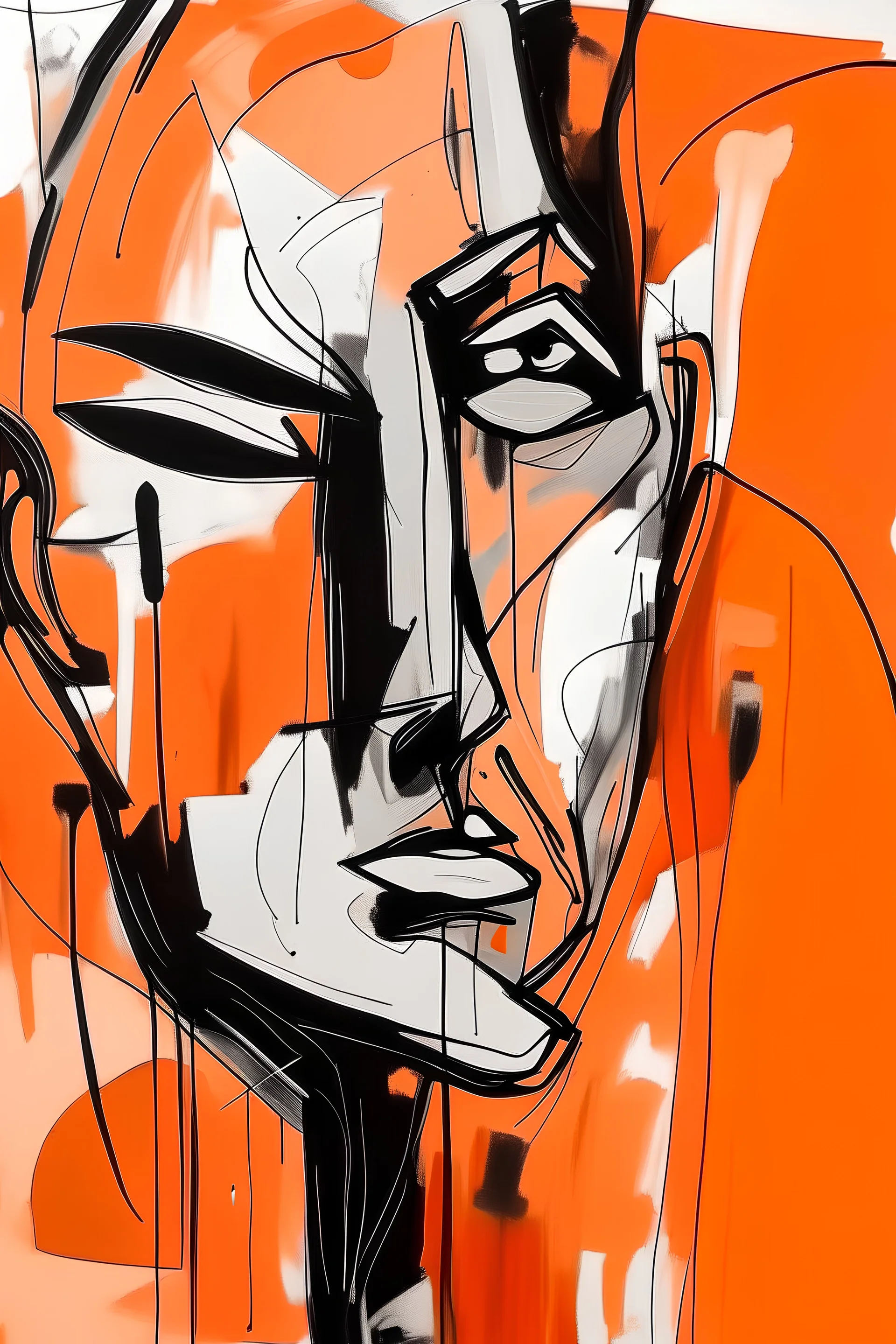 Create an abstract composition with bold black marks and textures, incorporating occasional figurative and facial contours. Use fire orange and salmon undertones with off-white contrast, inspired by the expressive style of Catalan artist Agusti Puig.