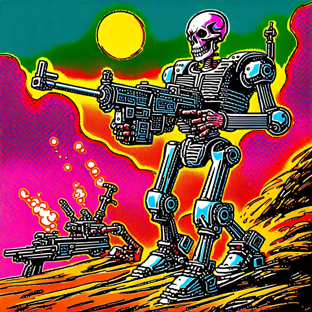 90's TCG art retro fantasy art of skeleton robot firing machine gun