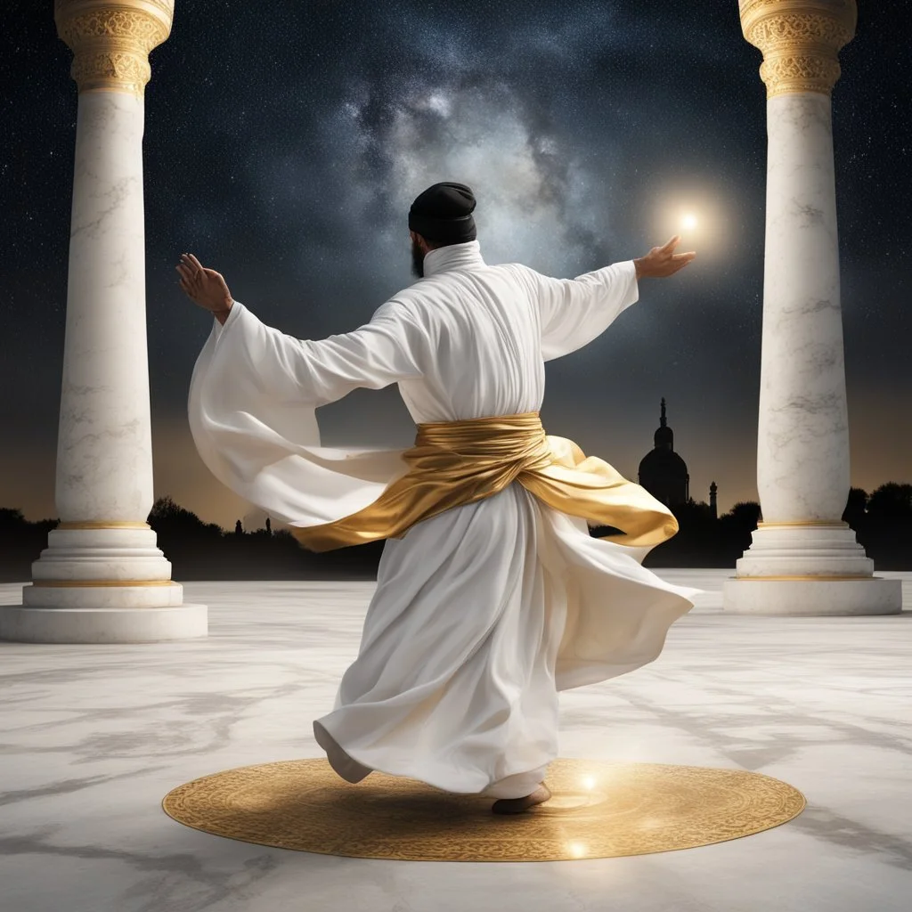 Hyper Realistic Sufi Whirling on stone floor with white & Golden Islamic Sufi Rustic Grungy Background outside white marble Islamic monument at dark night with stars on sky