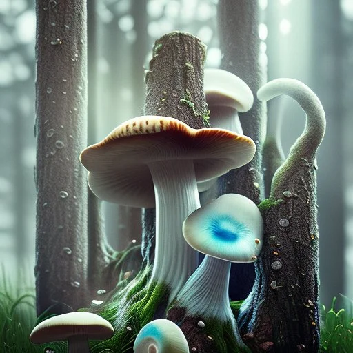 ultrarealistic, cinematic lighting, 160mm lense, depth of field, DoF, highly detailed, award winning photography, fungi, mushrooms, high res, spores,