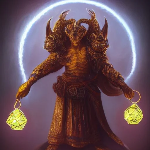 Insanly detailed portrait of a "Dungons and dragons, twilight cleric", holding aloft a glowing D20,bluish gold light emanating from D20, hyperrealism,unreal engine,cinamatic lighting,post processing