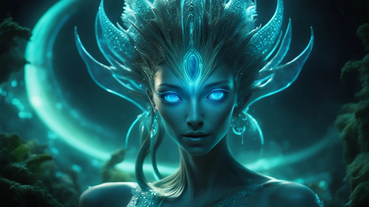 The photo features a bioluminescent and bioluminescent art style depicting a divine female alien god. Bioluminescent moist translucent glowing skin, ethereal glowing eyes, extra long neck, medium front third eye, large head fins and ear fins show off a charming, perfect face in ultra-realistic detail. The composition imitates a cinematic film with dazzling, gold and silver lighting effects. Intricate details, sharp focus, crystal clear skin create high detail.