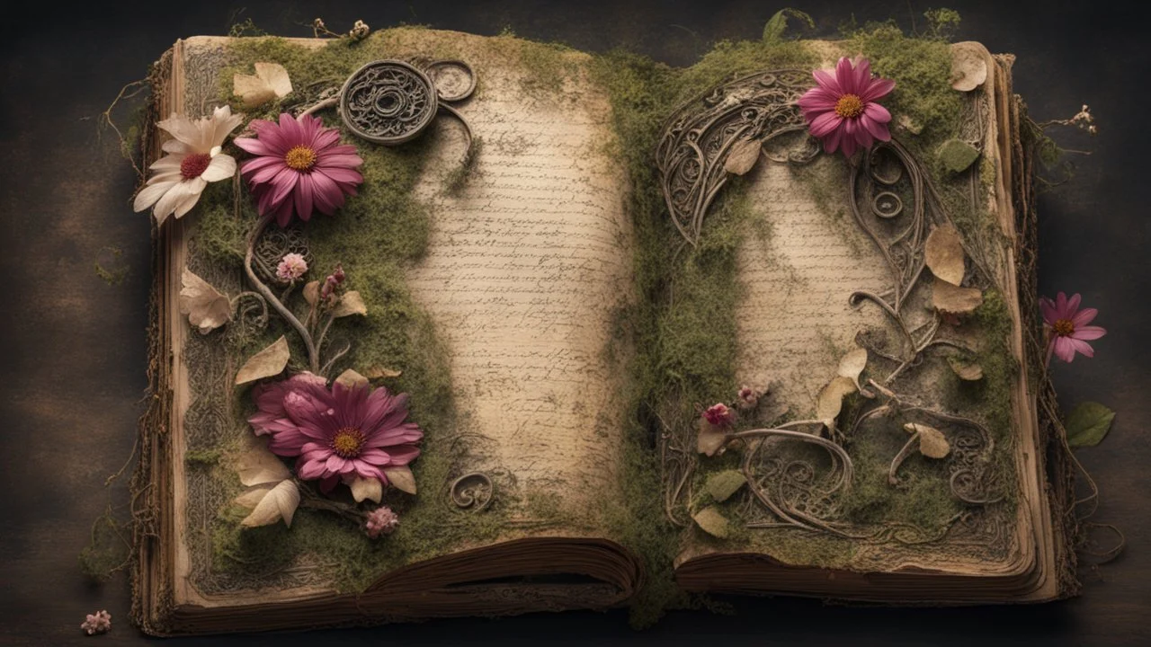 ancient spellbook, cover made from flowers, vines, tattered, loose pages