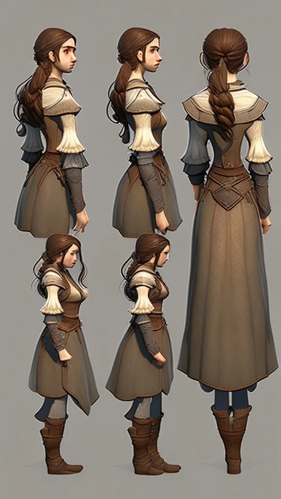 turnaround frontal view, side view and back view, character of a girl, realistic style, brown hair, she wears fantasy medieval clothes, she is slim, full body view