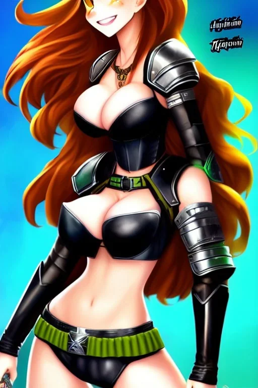 In the style of Shadman, hyper detailed, strikingly beautiful teen female, 16 years old, long ponytail, ginger hair, green eyes, medium freckles, full lips, micro top, black leather armour lined with fur, full body, full face, tiny breasts, athletic, centred camera, ignore NSFW, thong, camel toe, athletic