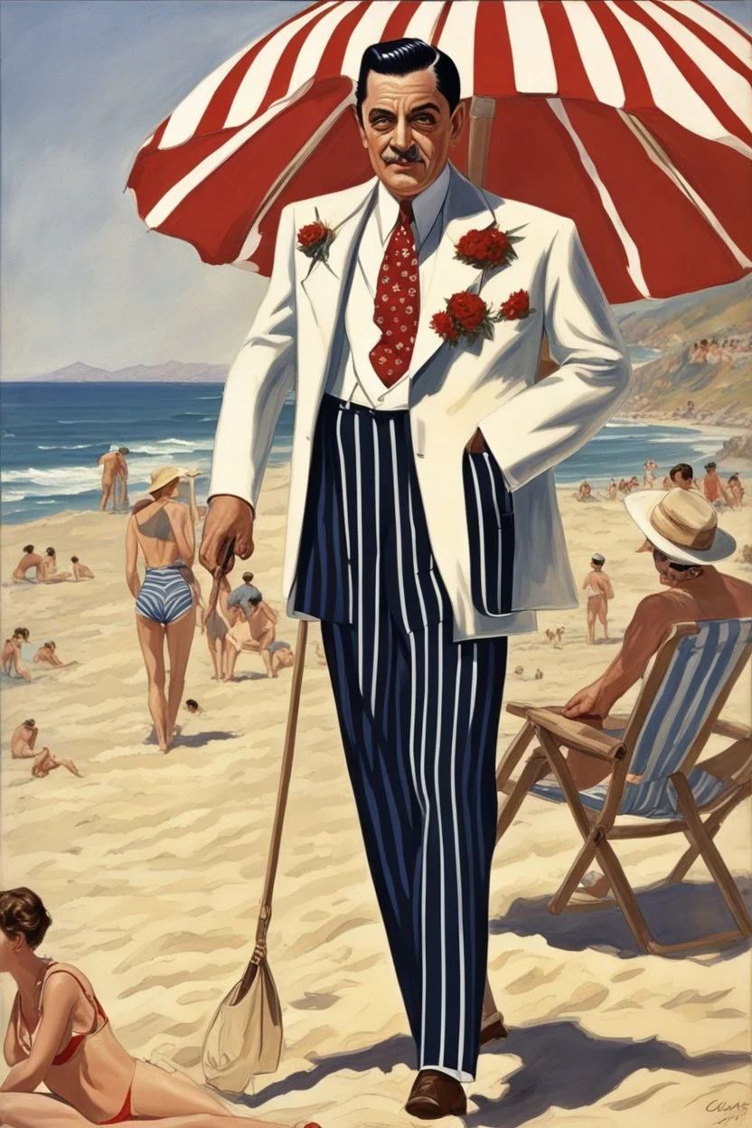 Gomez Addams cut a distinctive figure as he strode along the sandy shoreline. While others on the California beach wore colorful swim trunks and floral prints, Gomez was dressed to the nines in a three-piece pinstripe suit. The fine silk fabric was unmistakably Gucci - navy blue with subtle red pinstripes. Despite the sunny, 80 degree weather, Gomez kept his collar and cuffs fastened. A matching pinstriped hat topped his head of jet black hair, which ruffled dramatically in the sea breeze.