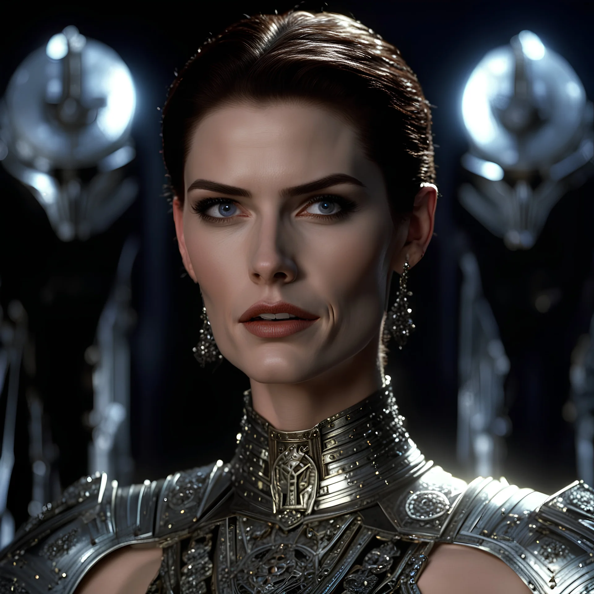 photo raw screengrab, 8k, 1996 star wars hellraiser movie, fitgirl ( hilary rhoda ), short hair, complex lighting, award winning, professional photo studio, by weta, james cameron