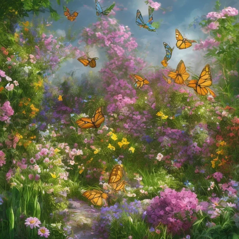 garden, flowers, butterfly, rabbit