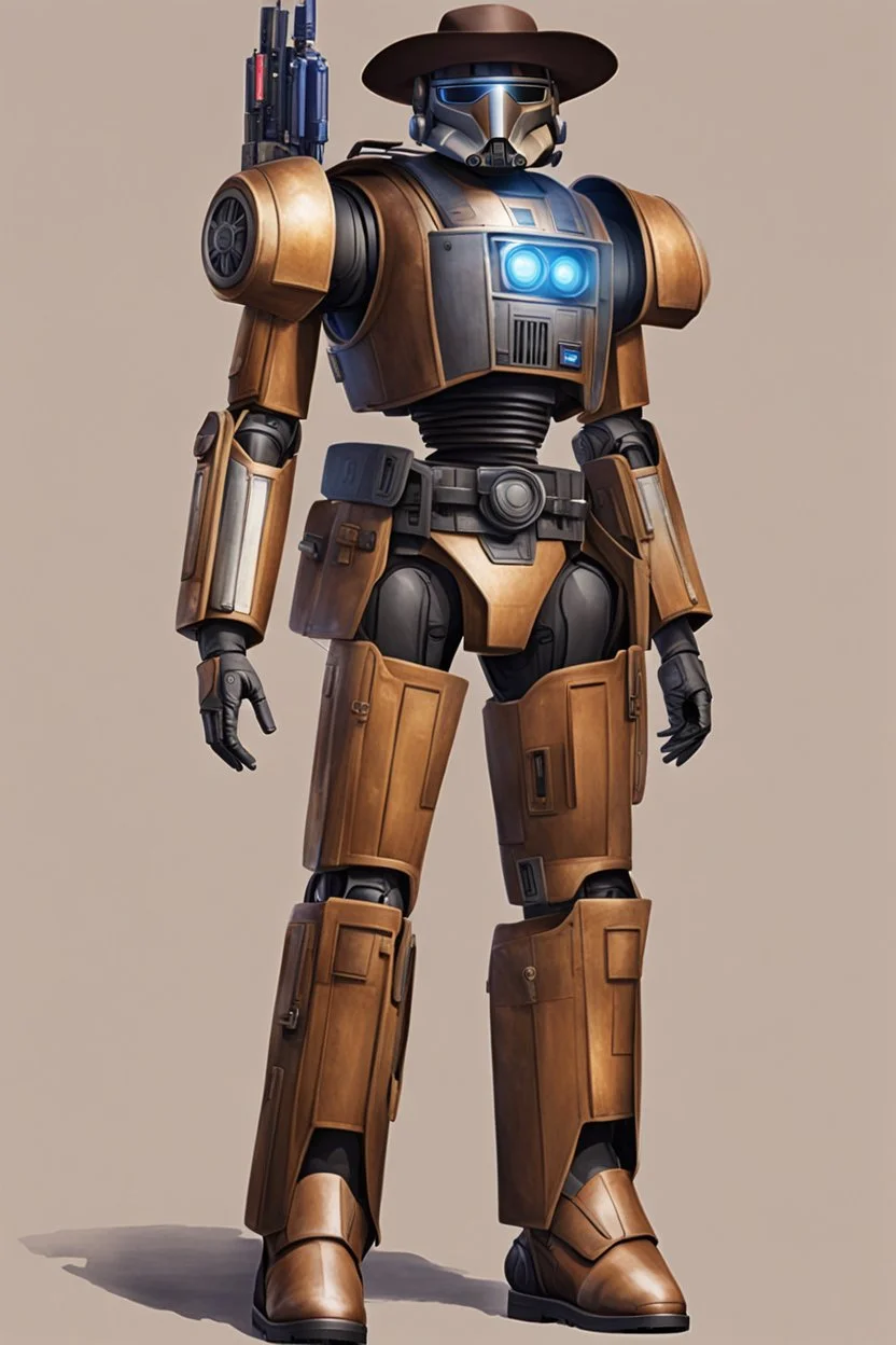 A Star Wars Combat Droid, Wearing Western Cowboy Clothes, Armour looks like Halo, Wearing a cowboy hat and a Cowboy Over-Coat.