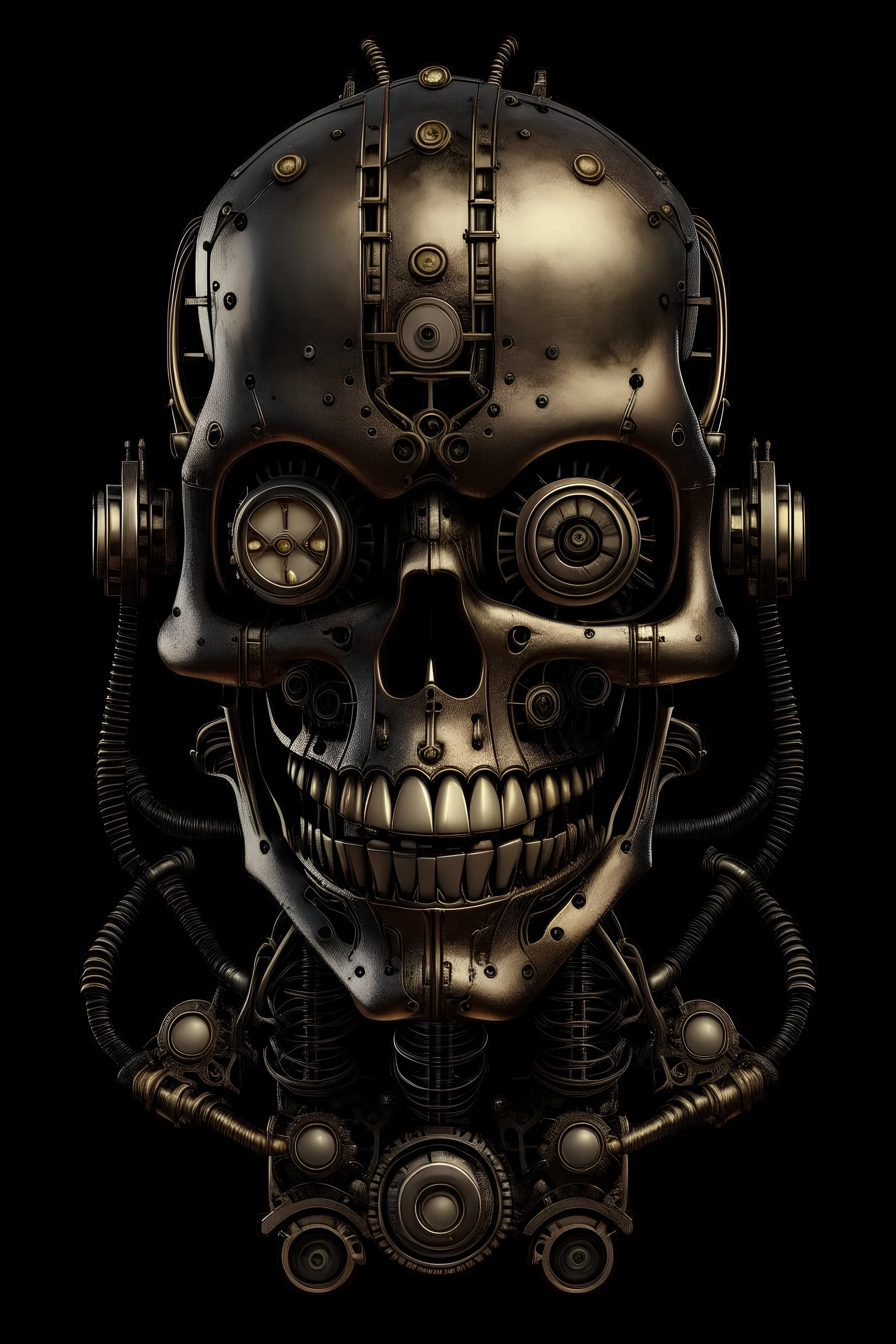 Creepy steampunk robot, smiling, skull like face, dark background,