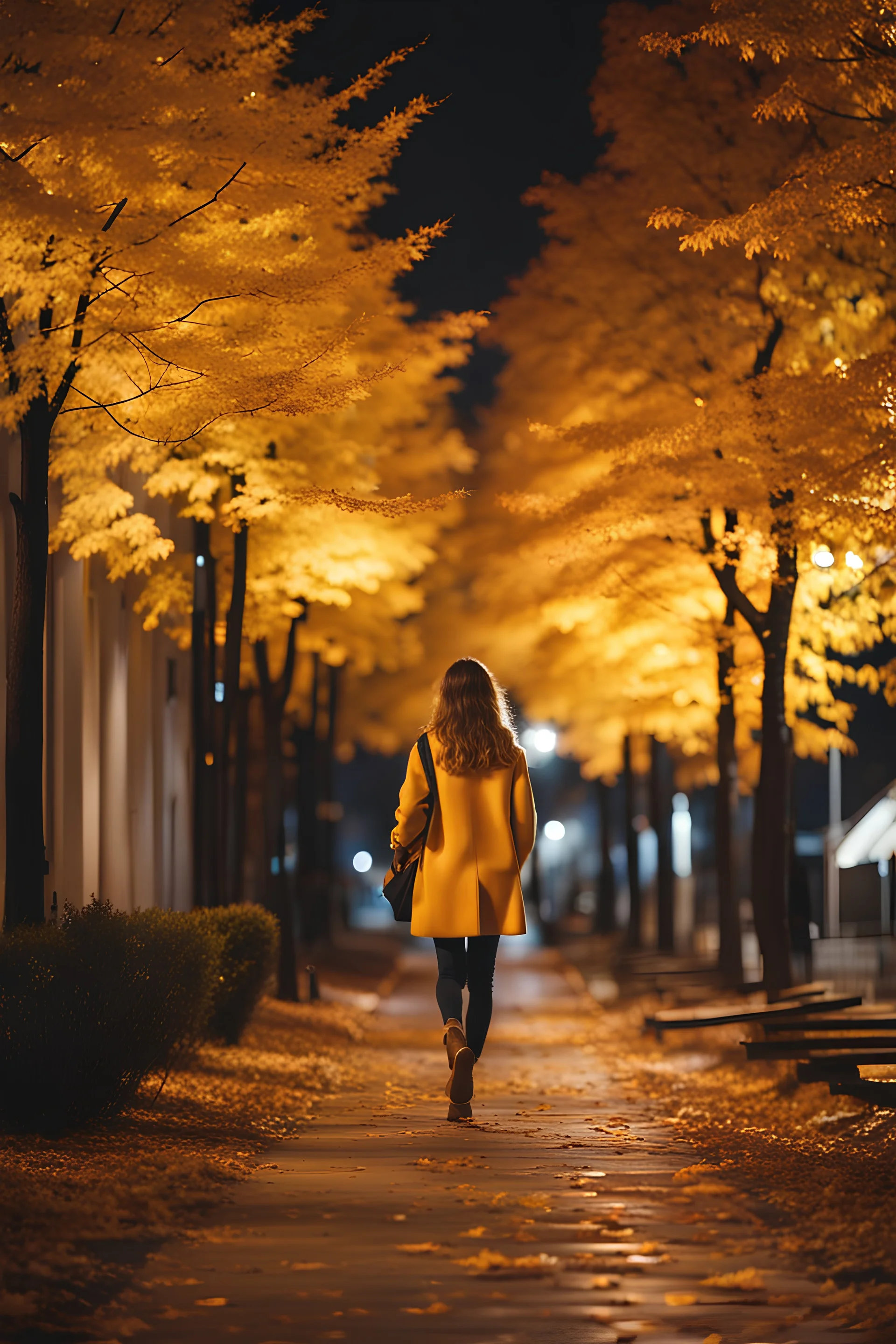 night yellow lights over the street trees autumn leaves under feet ,a Student adult girl with books in her hand walking in street looking to camera