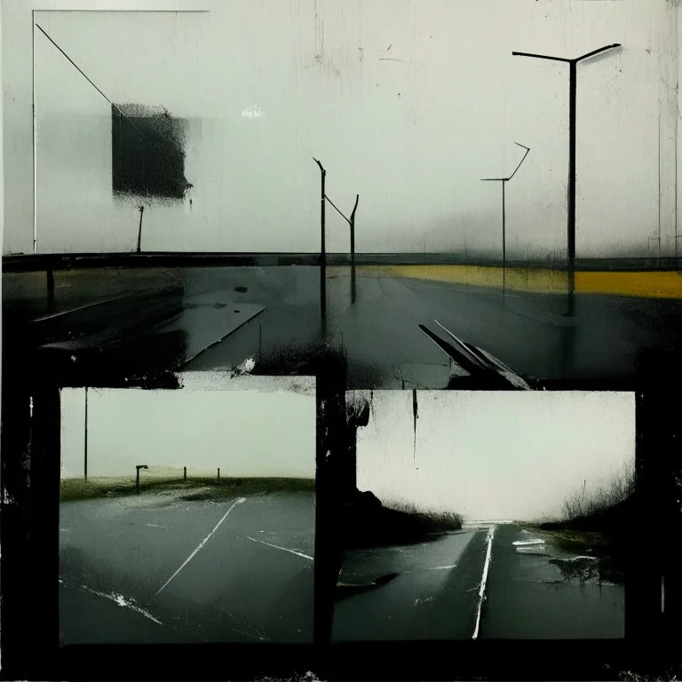 Minimal abstract oil paintings desolate 1960s carpark concrete fragments in a rain storm. style of Justin Mortimer and Francis Bacon. road markings.