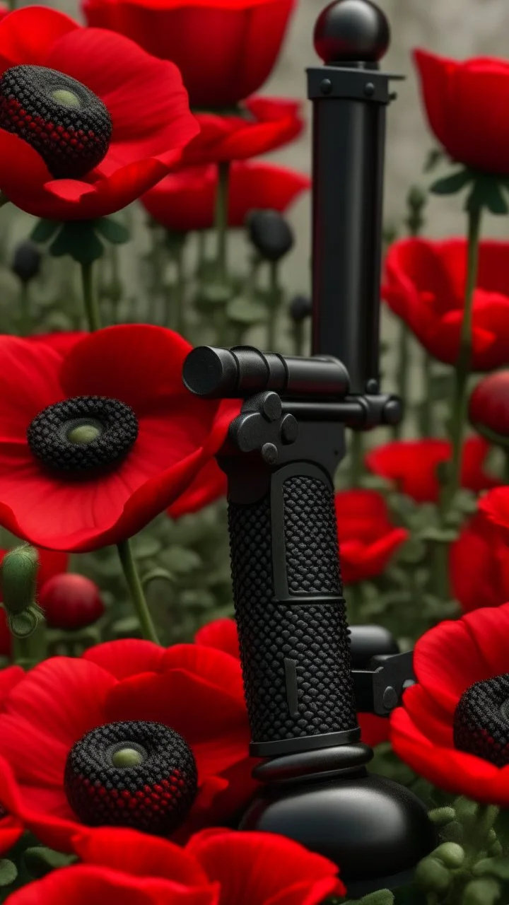 black gun with red kiss on it in a garden full of red poppies. cinematic