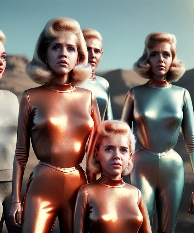 Ultra Realistic retro sci-fi movie scene, 1960 year, waist up view portrait, 3 clones blonde women, sweet young Jane Fonda face, perfect iris, glow eyes, face makeup, tight latex coat. Supermarket place with people background, Retro sci-fi style, soft color, highly detailed, unreal engine 5, ray tracing, RTX, lumen lighting, ultra detail, volumetric lighting, 3d, finely drawn, high definition, high resolution.