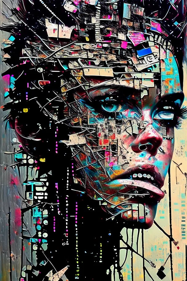 Ultra detailed medium portrait painting of anxiety , torn up collage of clippings, broken circuitry background, matrix effects, punk visual art, punk art aesthetic, graffiti art, pop surrealism, collage art, cluttered paint glitches