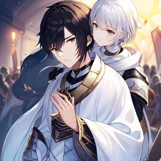 Girl with white hair wearing white robes. Boy with black hair wearing leather armor