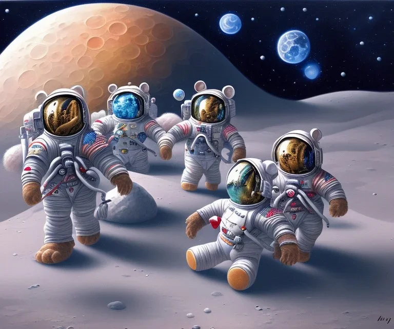 little boy and big teddy bears on moon. oil on canvas